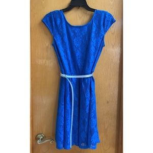 Royal Blue Scoop Back Fit Flare Lace Overlay Dress